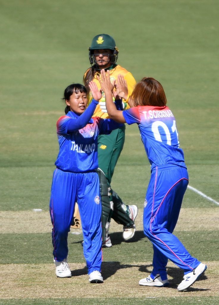 Thailand celebrate a South Africa wicket after Suleeporn Laomi completes a caught and bowled