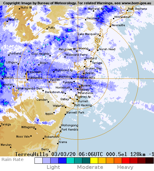 The Sydney weather radar showing heavy cloud over Sydney Showground, Homebush
